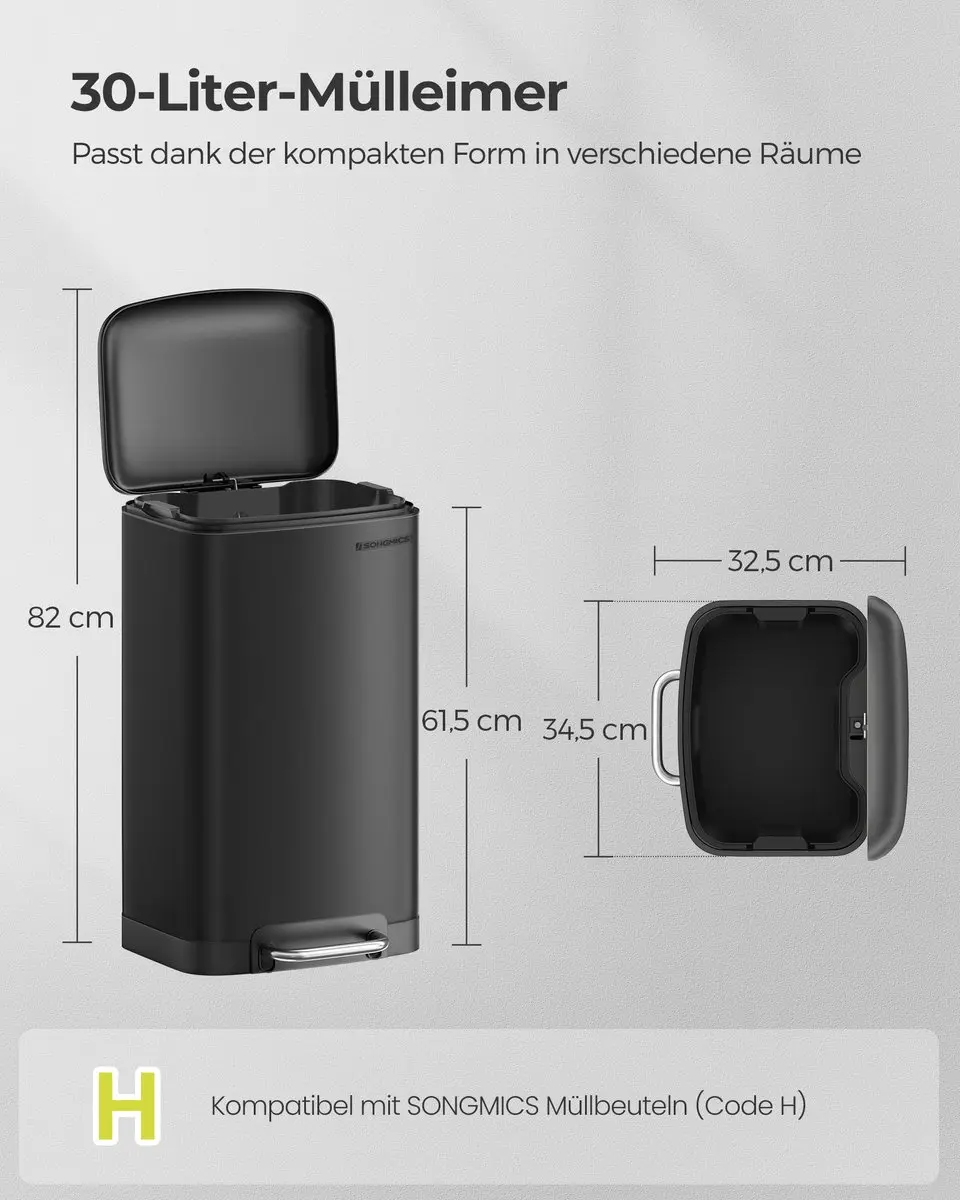 Songmics Pedaalemmer 30L - Roestvrij staal - Zwart - afbeelding 6 van 6