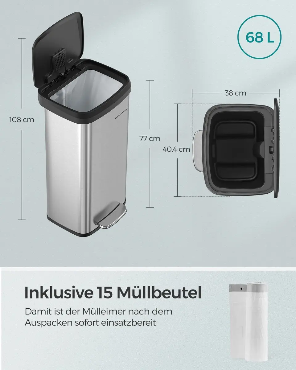 Songmics Keukenafvalbak 68L - Zilver/Zwart