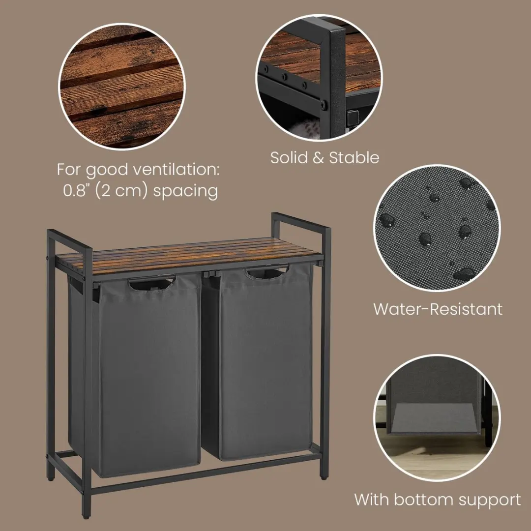 Songmics Wasmand 2x46L - Bruin/Grijs - 2 Vakken met Zakken