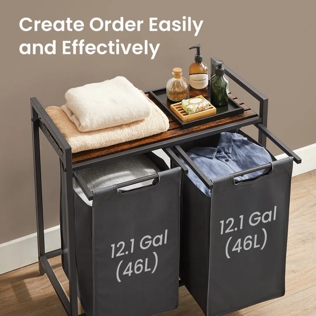 Songmics Wasmand 2x46L - Bruin/Grijs - 2 Vakken met Zakken
