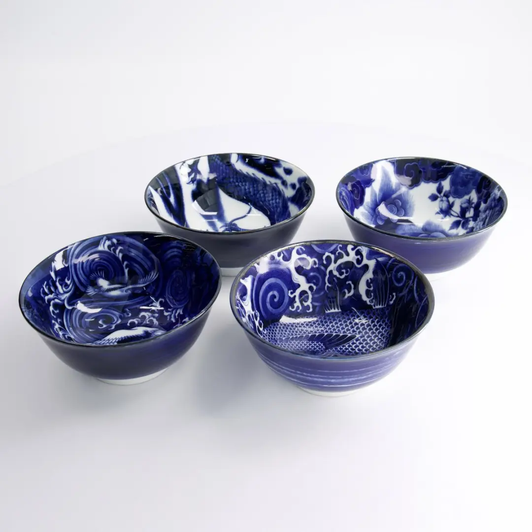 Tokyo Design Studio Japonism Tayo Kommen Set 22013 - 4 Stuks 550ml - Blauw/Wit