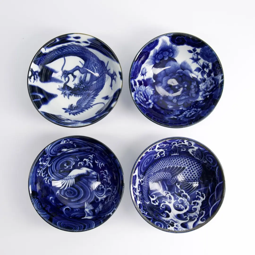 Tokyo Design Studio Japonism Tayo Kommen Set 22013 - 4 Stuks 550ml - Blauw/Wit