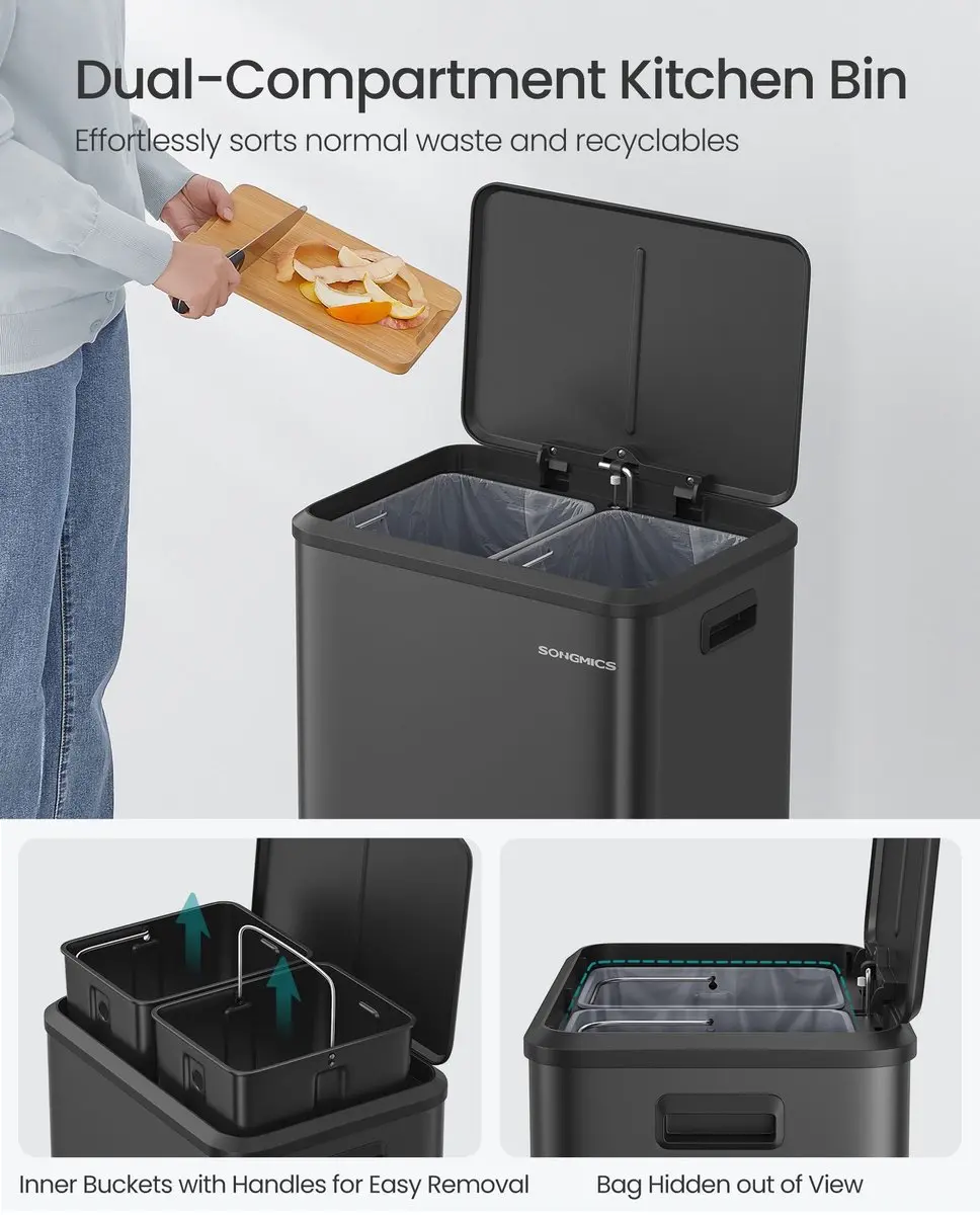 Songmics Dubbele Afvalbak 30L Metallic Zilver - 2 Vakken