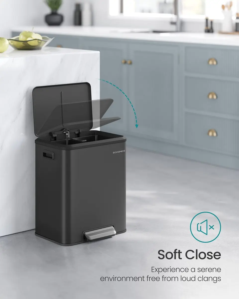 Songmics Dubbele Afvalbak 30L Metallic Zilver - 2 Vakken