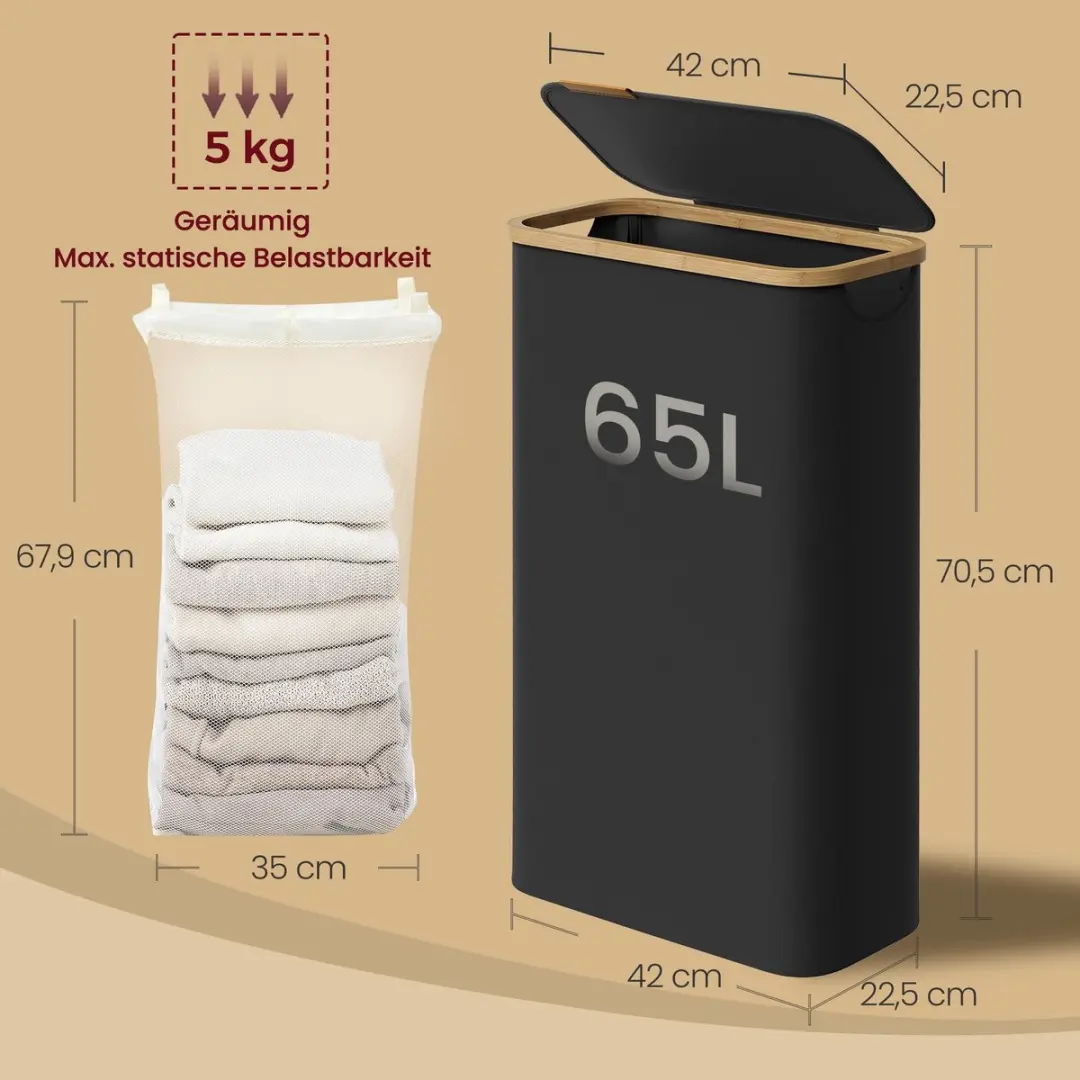 Songmics Wasmand met Deksel 65L - Inktzwart