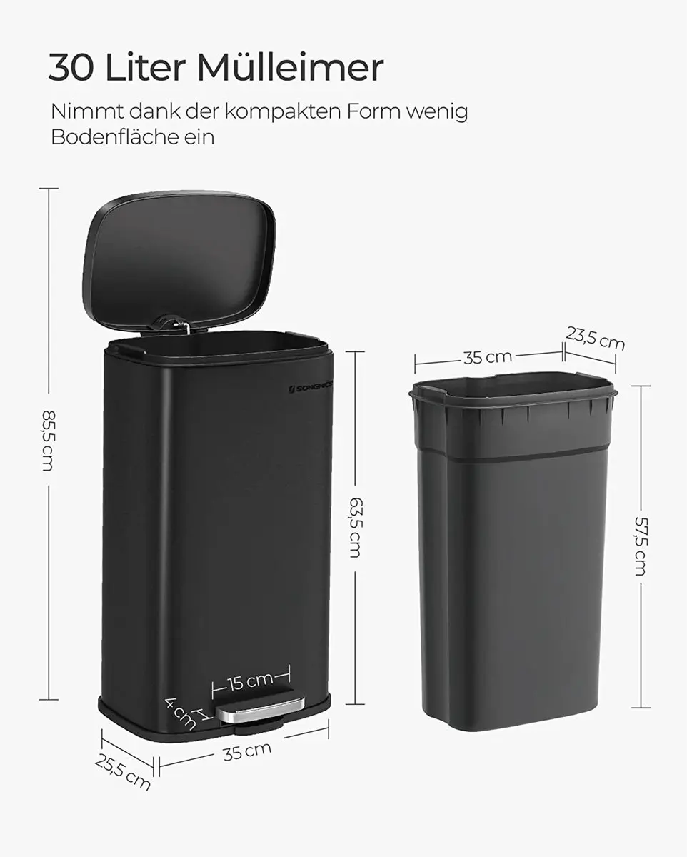Songmics Keukenprullenbak 30L - Zwart - afbeelding 6 van 6