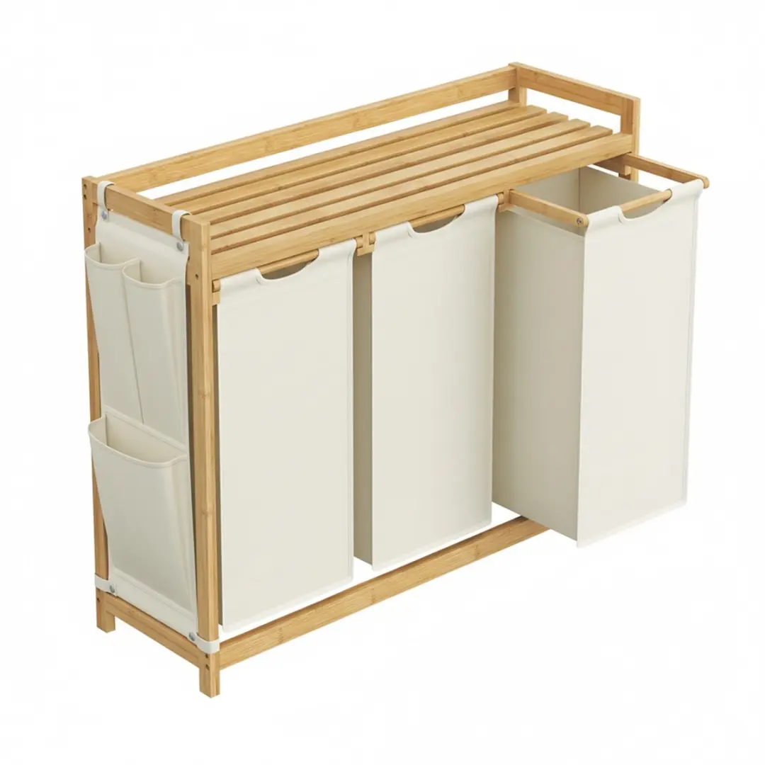 Songmics Wasmand 150L - 3 Vakken - Bamboe - Wit - afbeelding 6 van 6