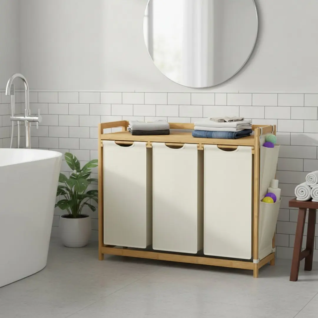 Songmics Wasmand 150L - 3 Vakken - Bamboe - Wit