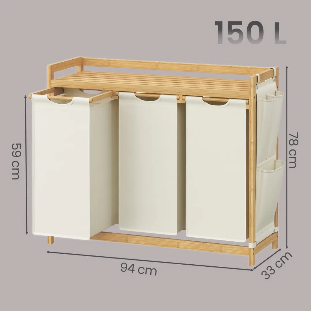 Songmics Wasmand 150L - 3 Vakken - Bamboe - Wit