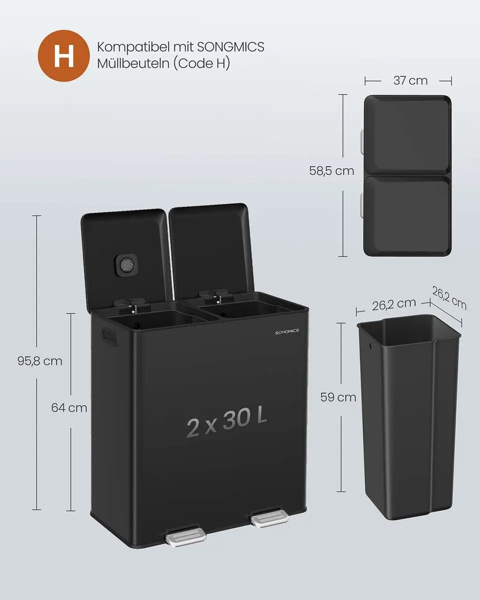 Songmics Prullenbak 60L - 2 Compartimenten Inktzwart - afbeelding 6 van 6