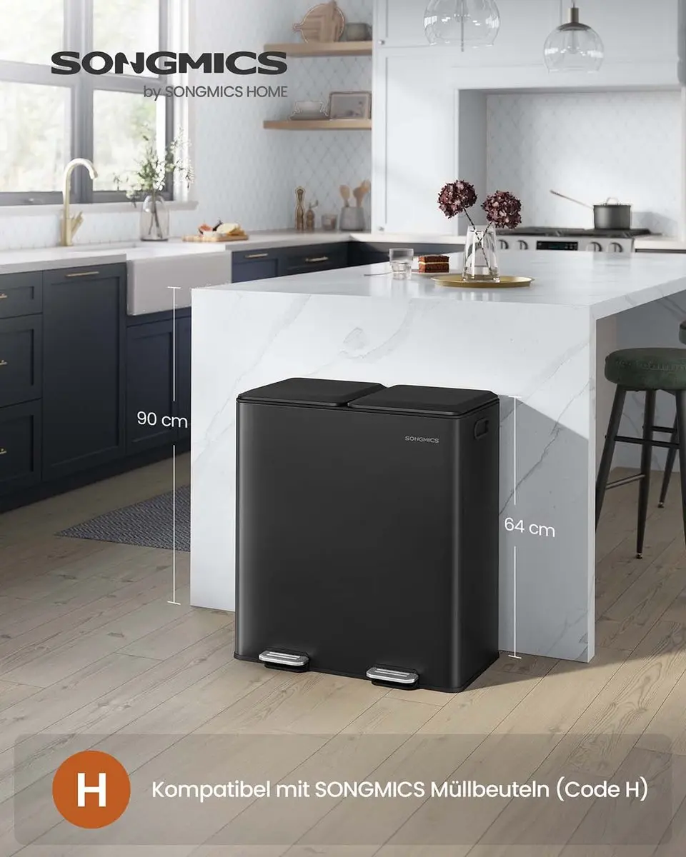 Songmics Prullenbak 60L - 2 Compartimenten Inktzwart