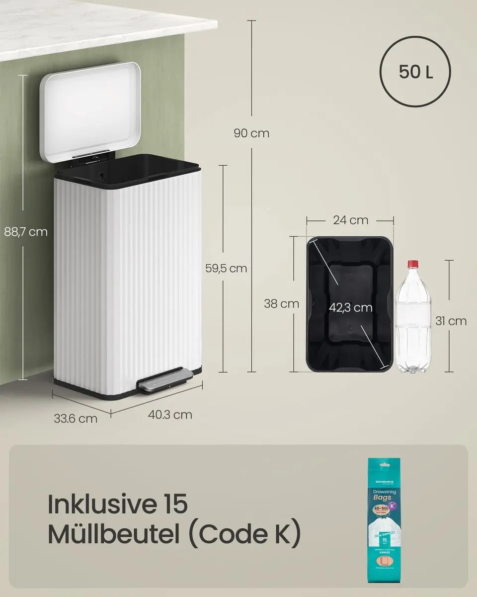 Songmics Pedaalemmer 50L - Wolkwit