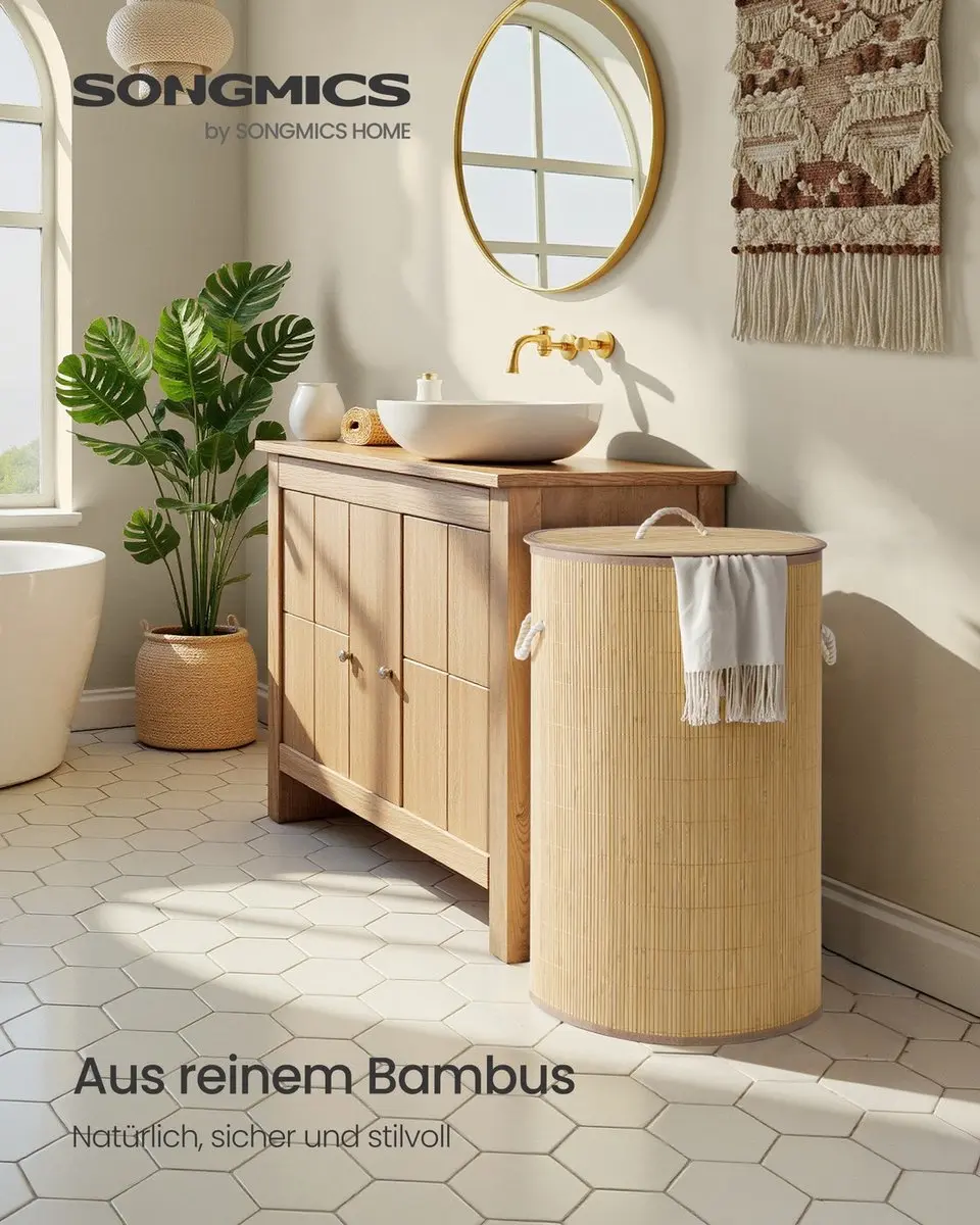 Songmics Wasmand 90L - Bamboe Rond - Naturel