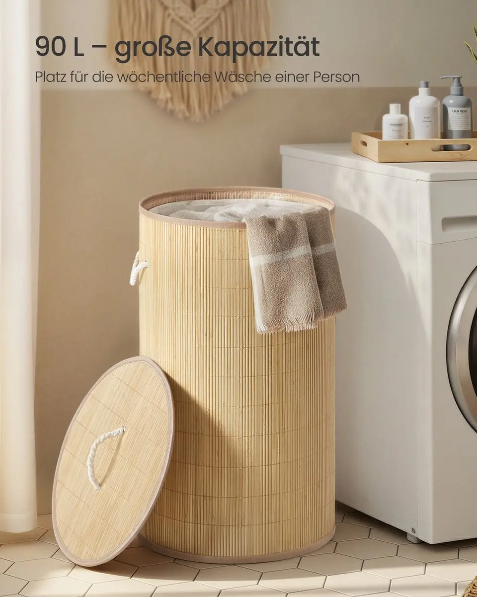 Songmics Wasmand 90L - Bamboe Rond - Naturel