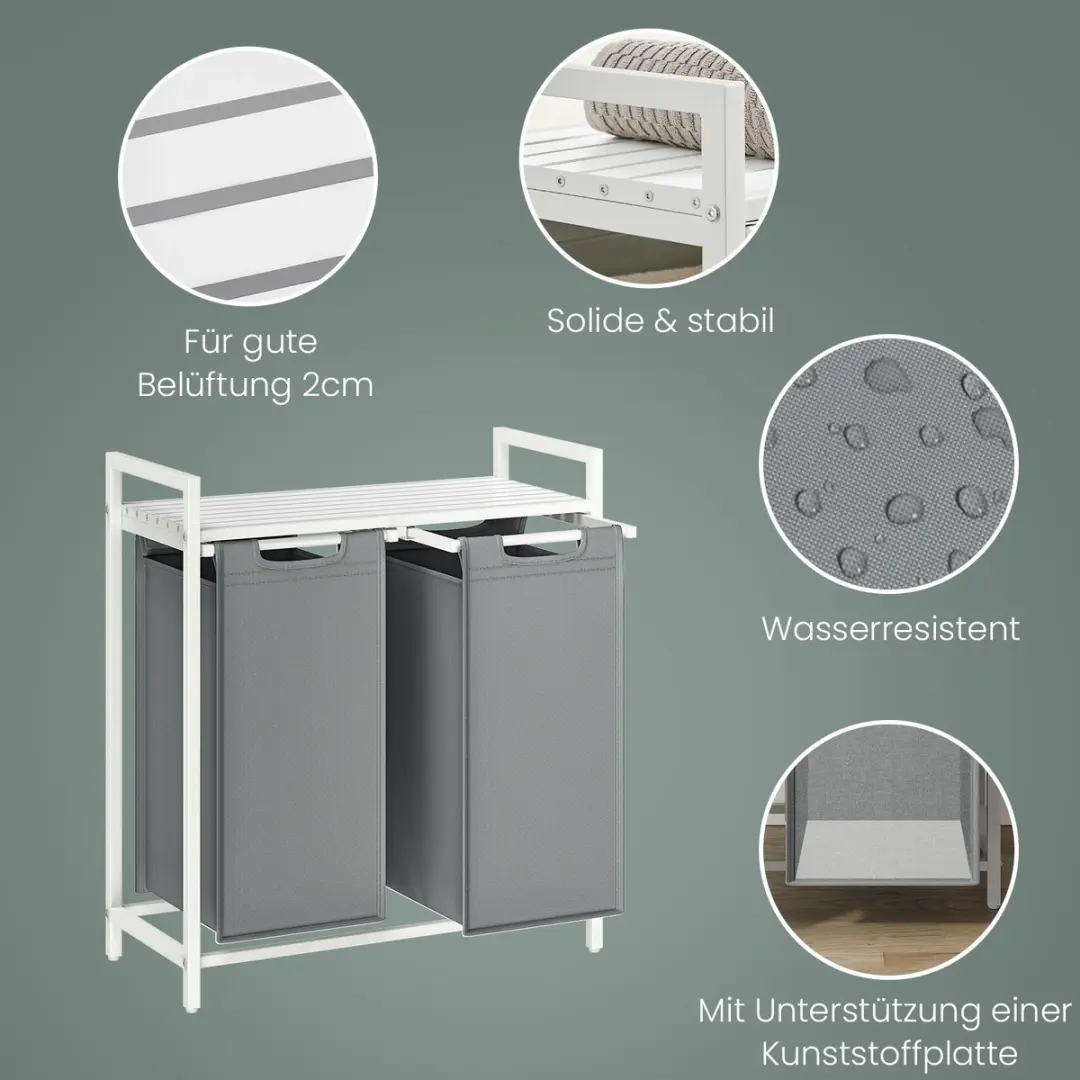 Songmics Wasmand 92L - 2 Compartimenten met Plank - Lichtgrijs/Wit