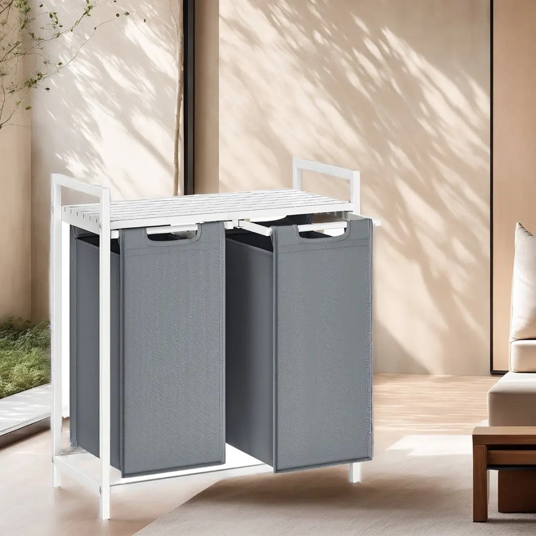 Songmics Wasmand 92L - 2 Compartimenten met Plank - Lichtgrijs/Wit