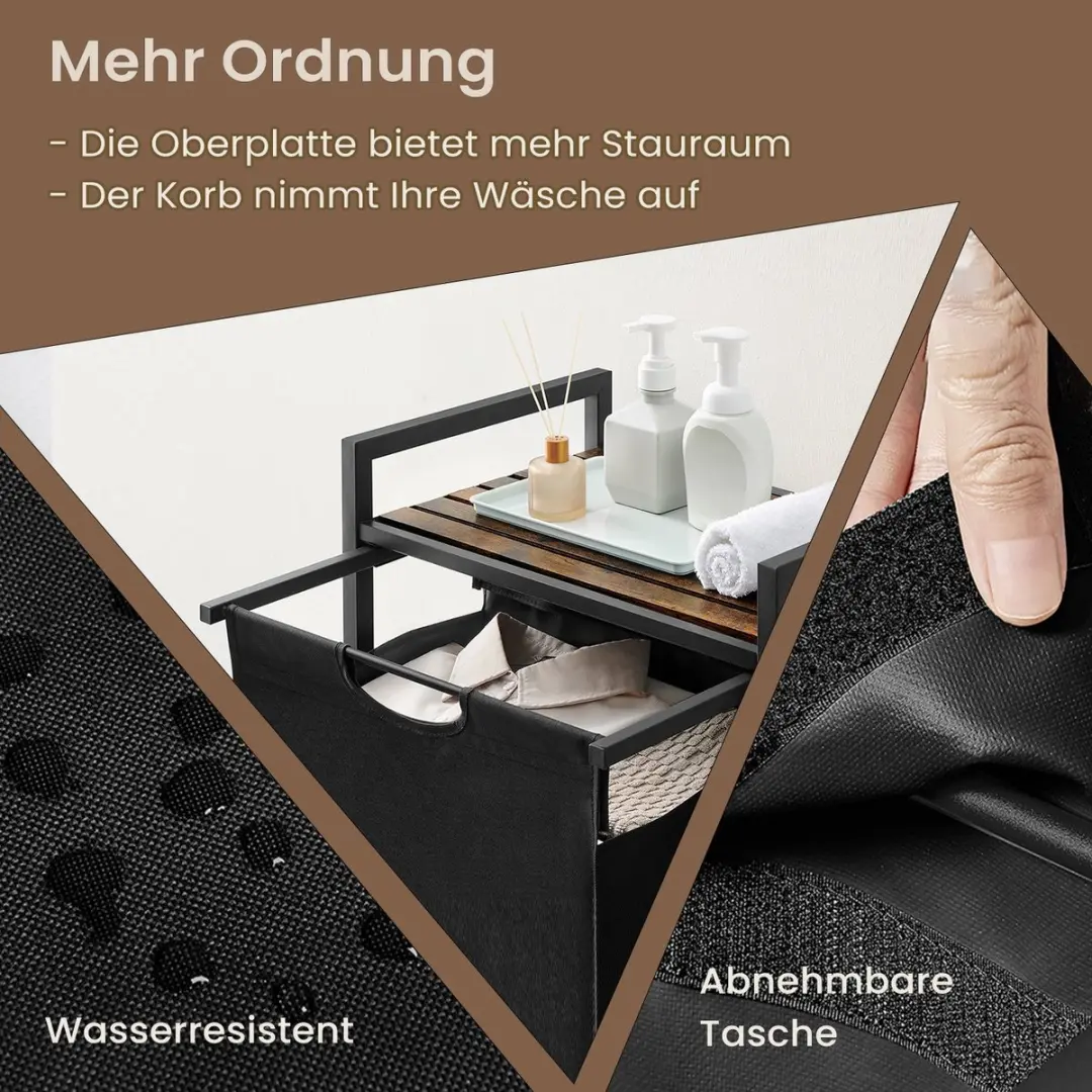 Songmics Wasmand met plank 65L - Zwart/Bruin