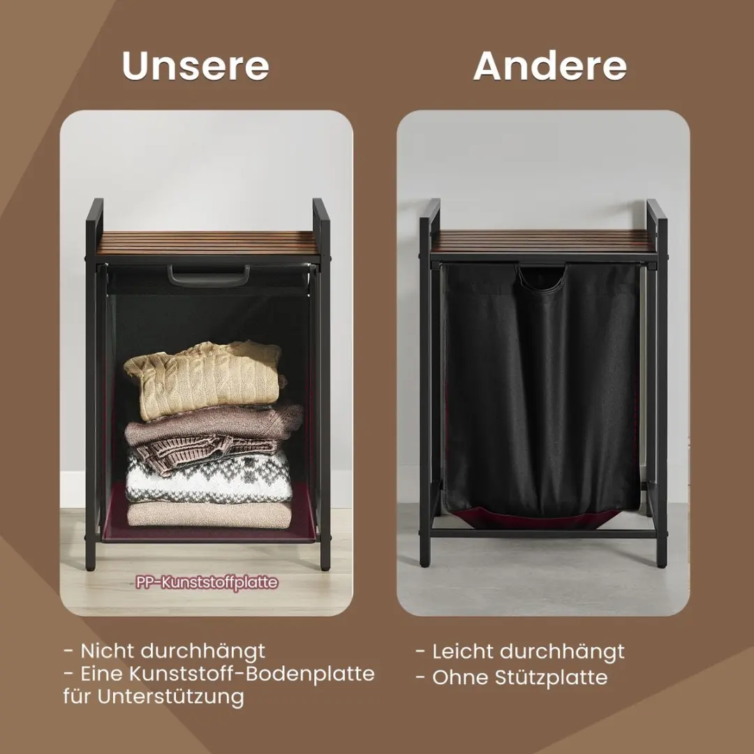 Songmics Wasmand met plank 65L - Zwart/Bruin