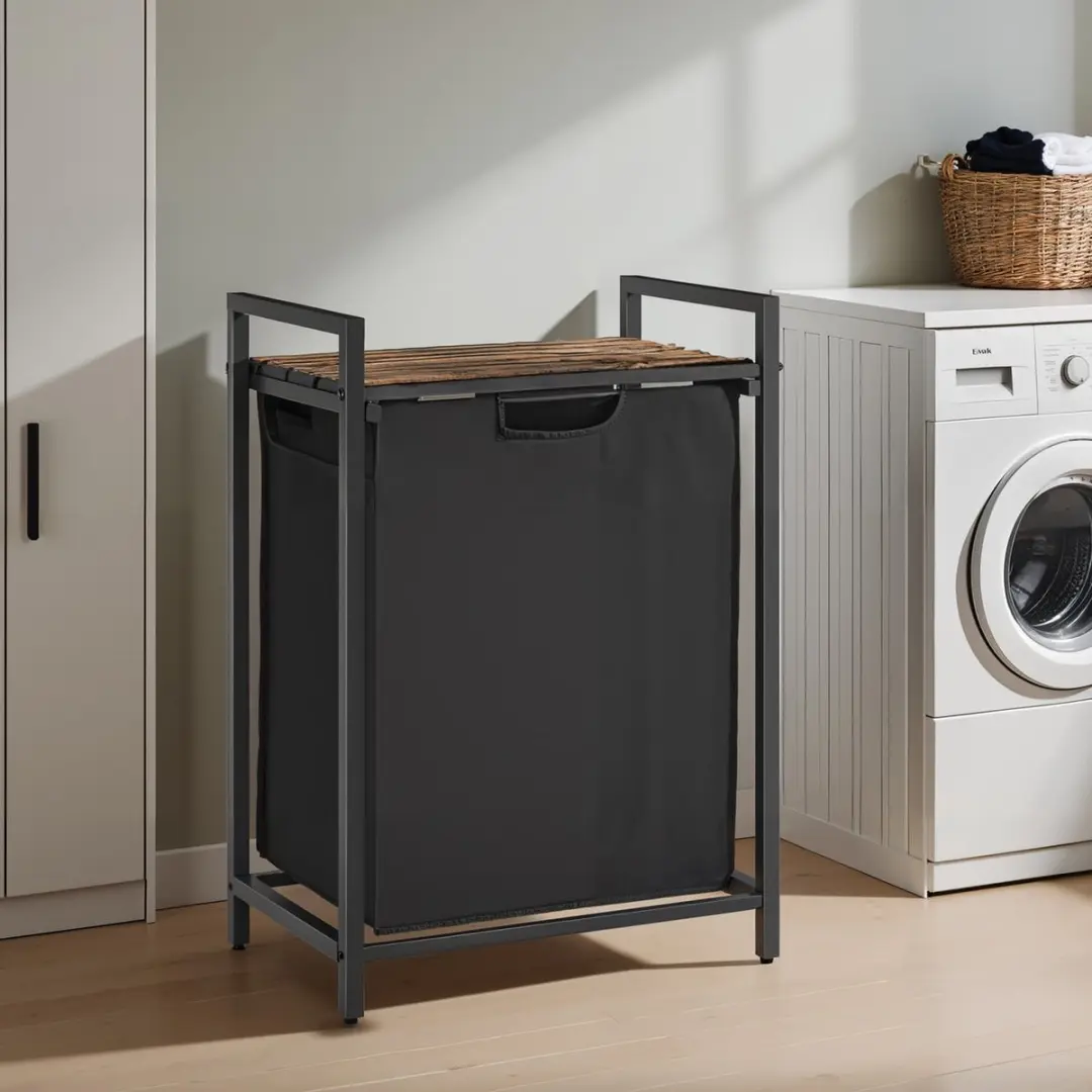 Songmics Wasmand met plank 65L - Zwart/Bruin
