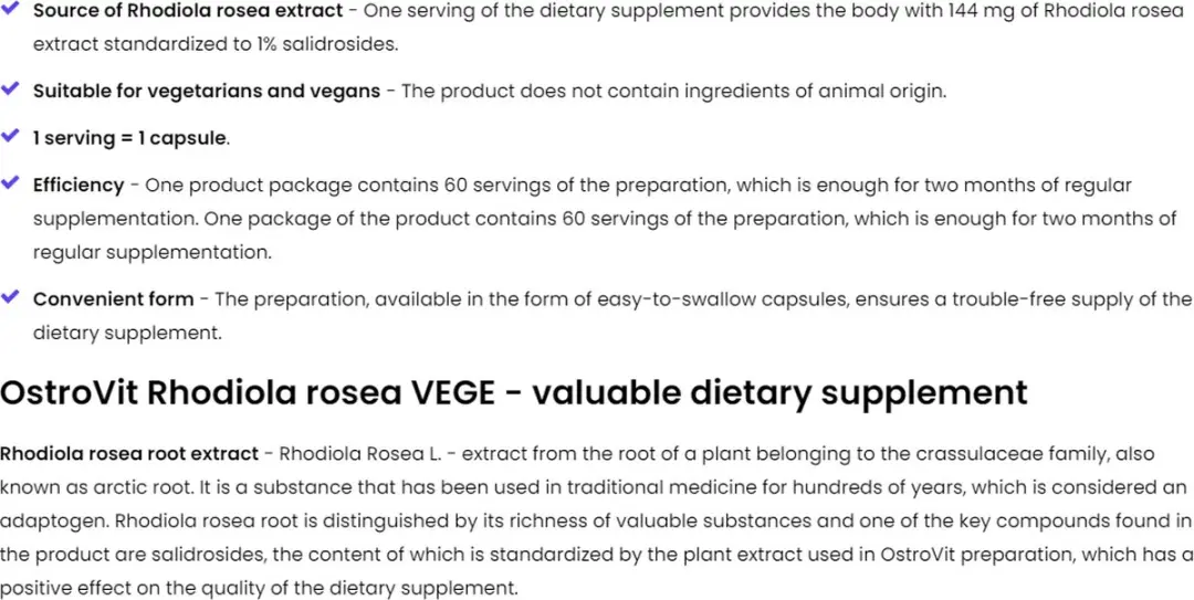 OstroVit Rhodiola Rosea Vegan Capsules - 60 Stuks - 15g