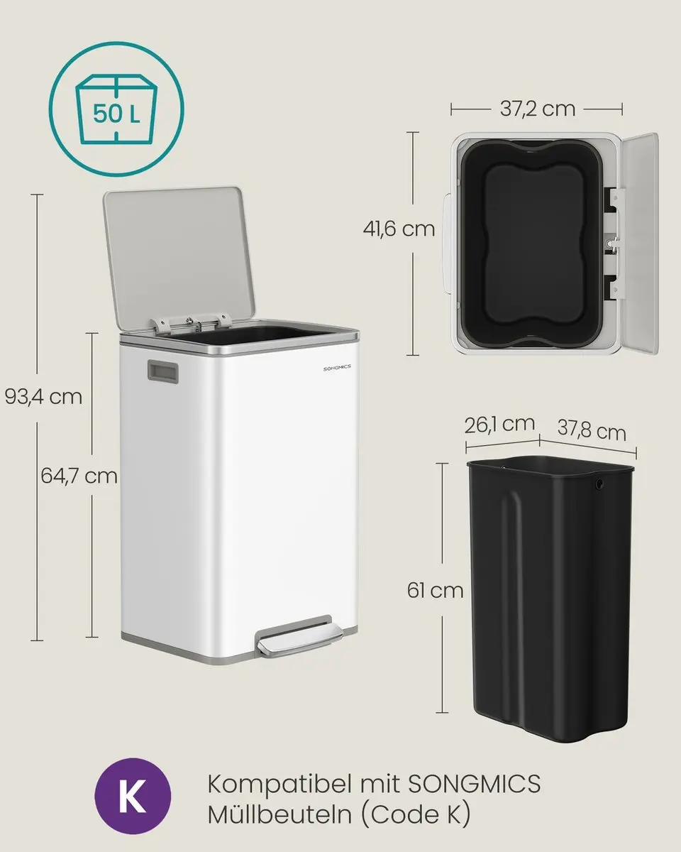 Songmics Afvalbak 50L - Wolkenwit - Soft Close - afbeelding 6 van 6