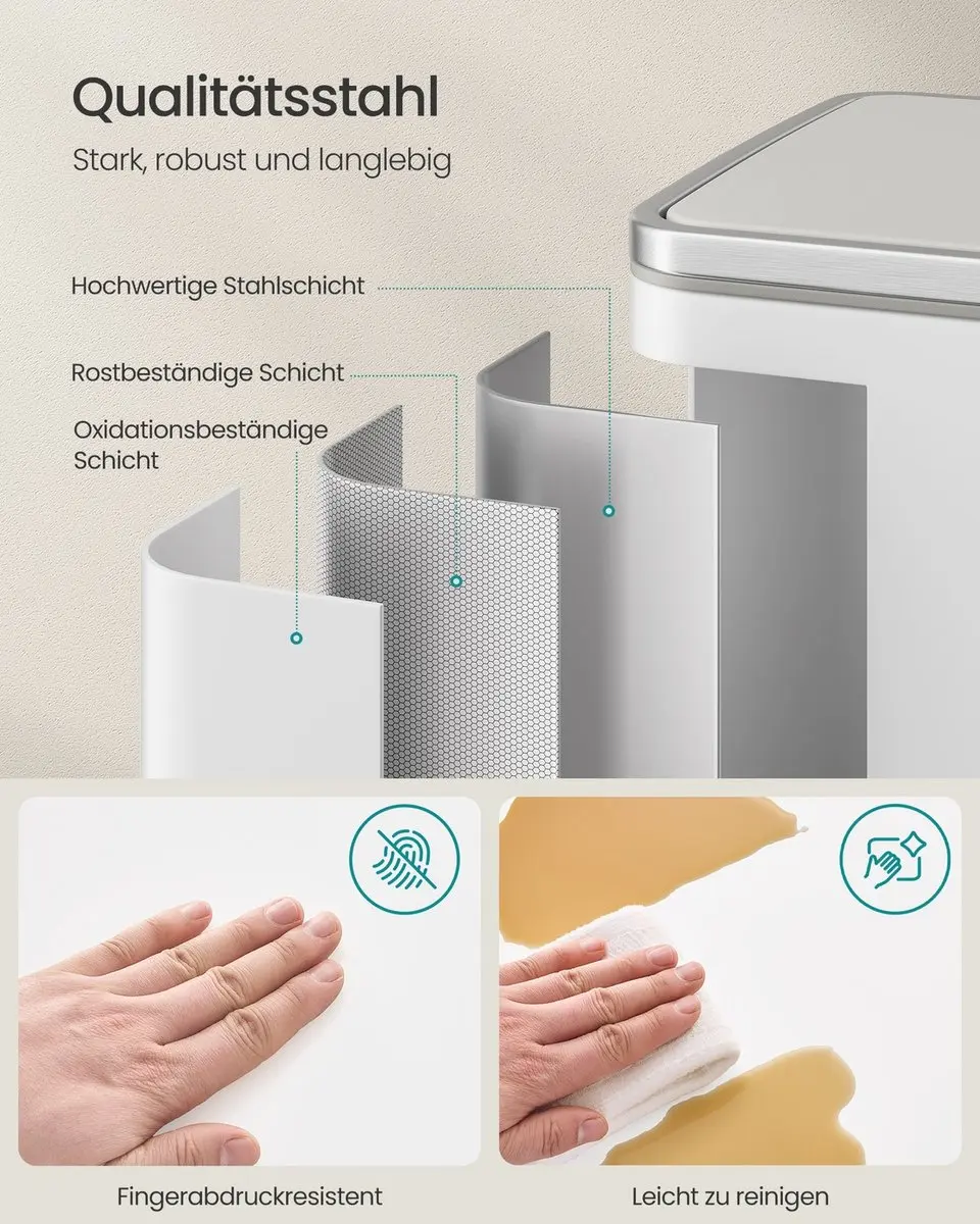 Songmics Afvalbak 50L - Wolkenwit - Soft Close