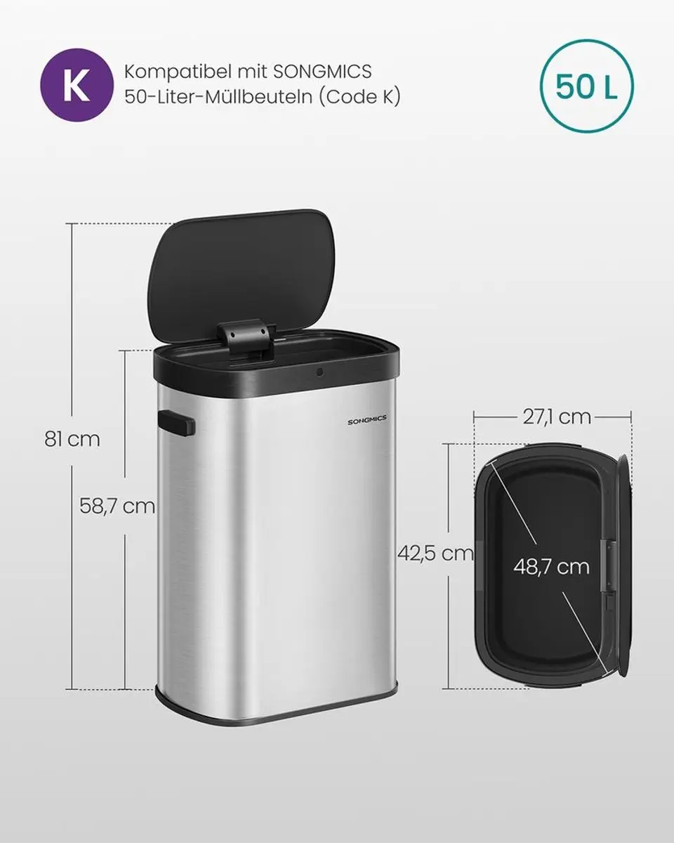 Songmics Automatische Prullenbak 50L - Sensorbediening Zilver - afbeelding 6 van 6