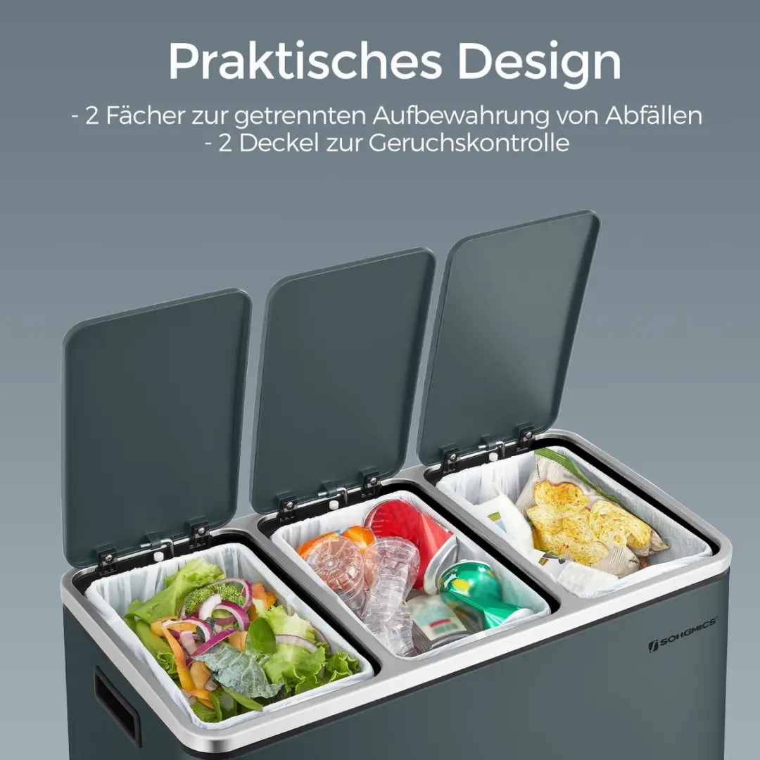 Songmics Pedaalemmer 54L - 3 Compartimenten Groen/Grijs