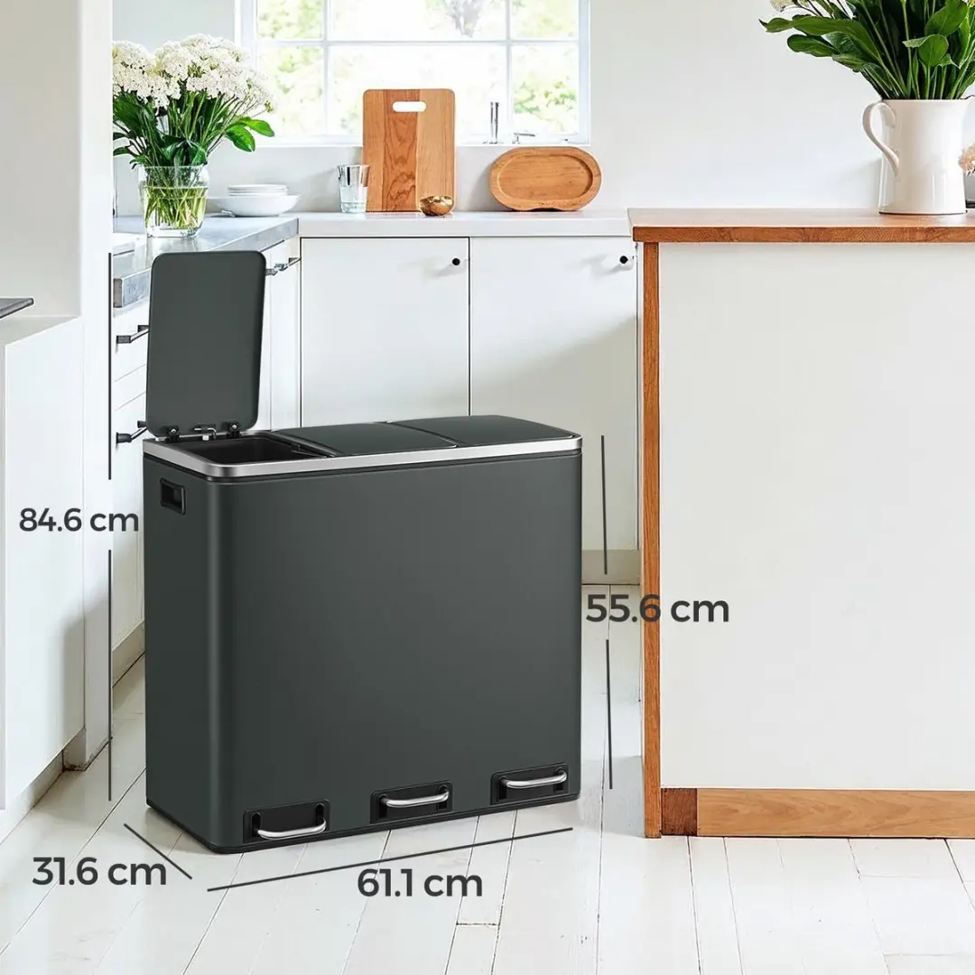 Songmics Pedaalemmer 54L - 3 Compartimenten Groen/Grijs