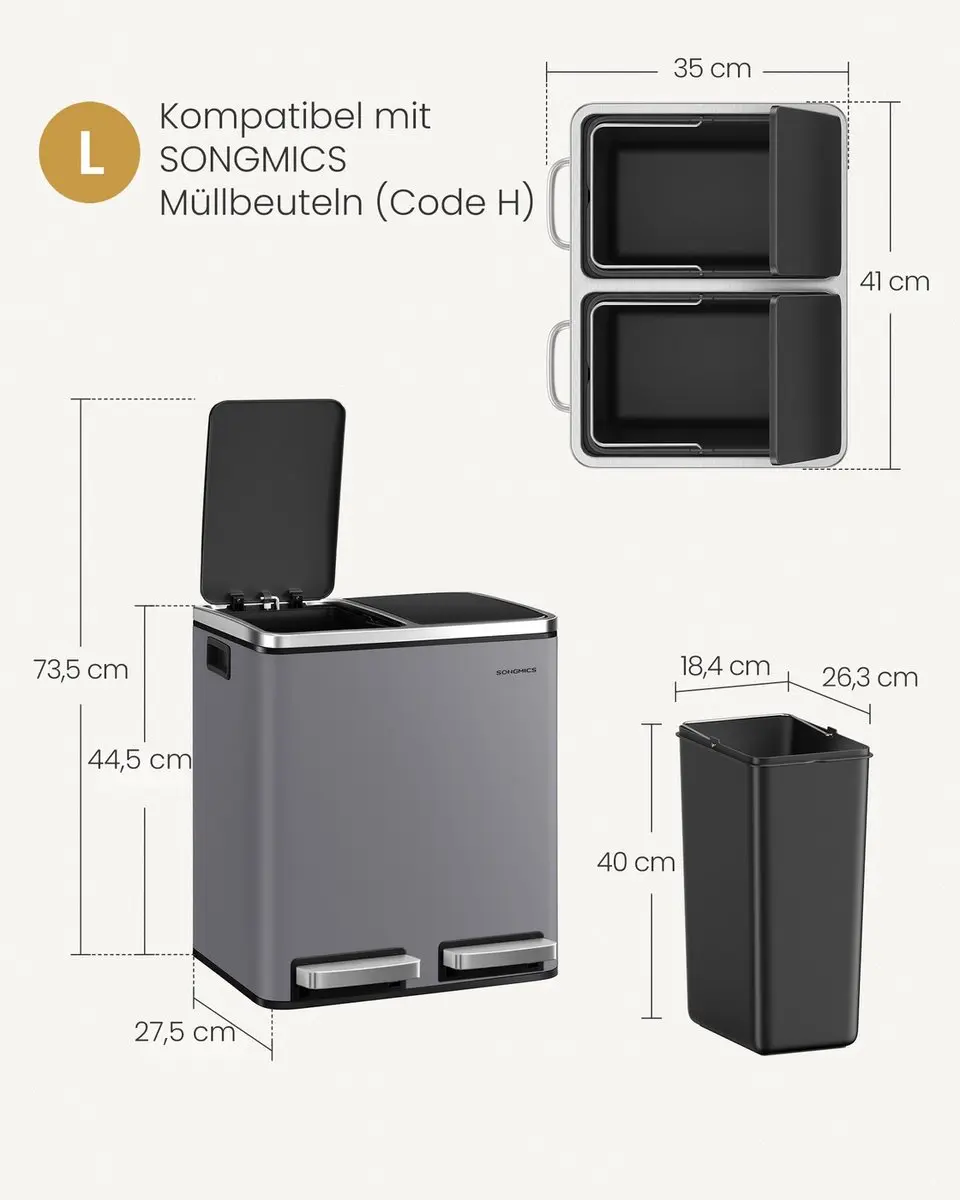 Songmics Pedaalemmer 2x15L - Grijs