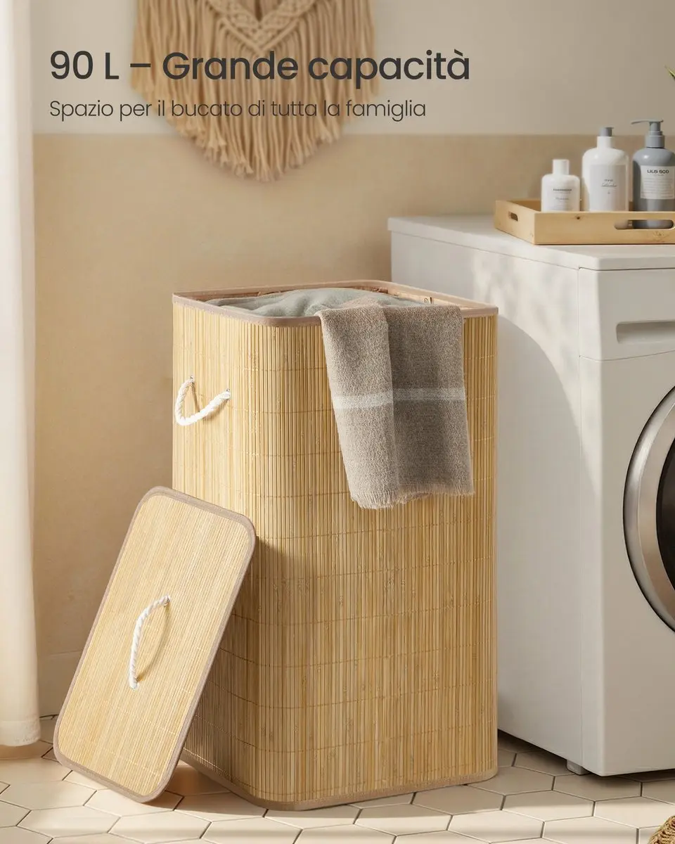 Songmics Bamboe Wasmand met deksel - Naturel