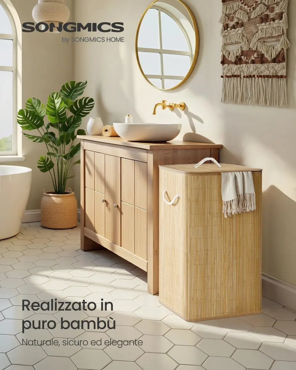 Songmics Bamboe Wasmand met deksel - Naturel