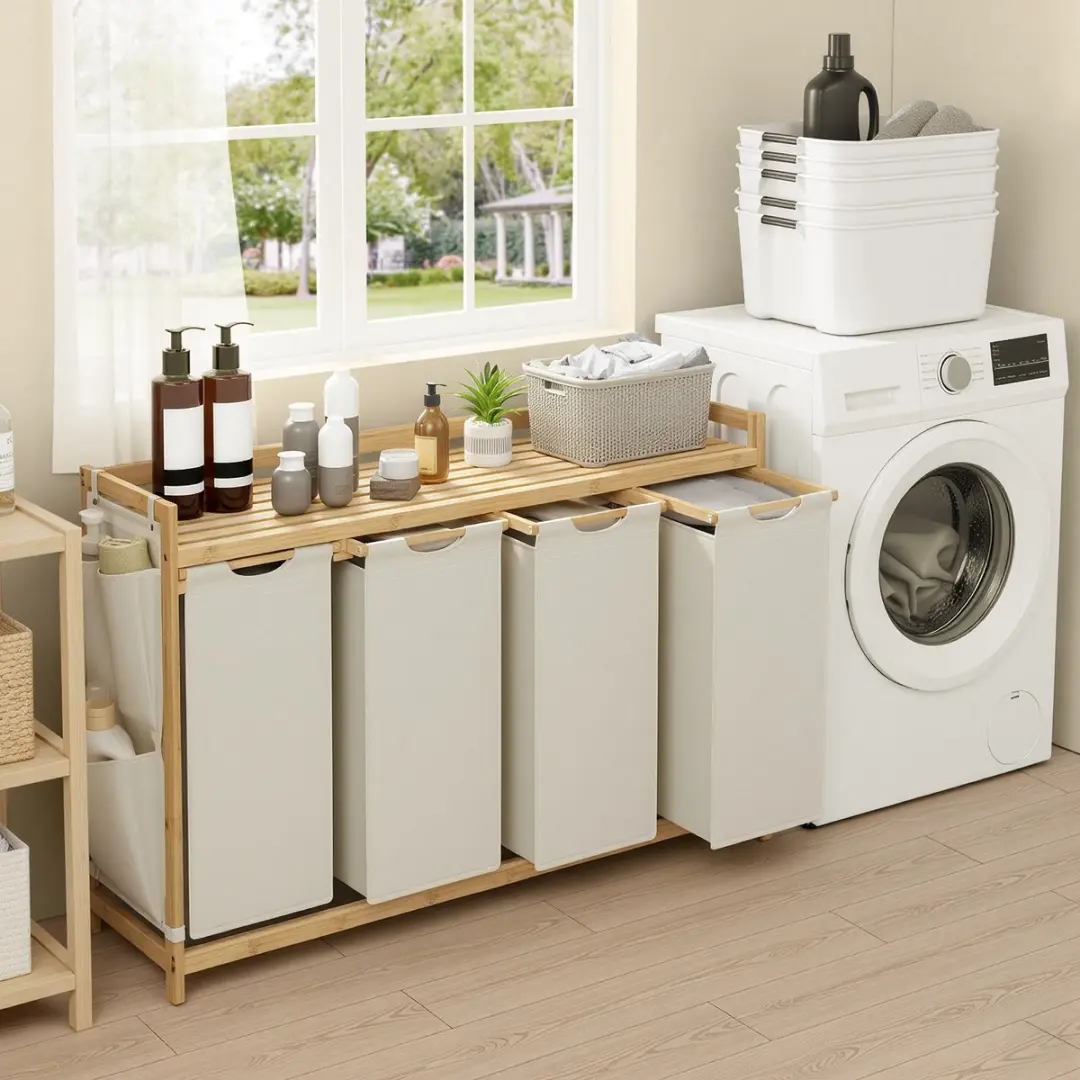 Songmics Wasmand 4-vakken 200L - Bamboe - Wit