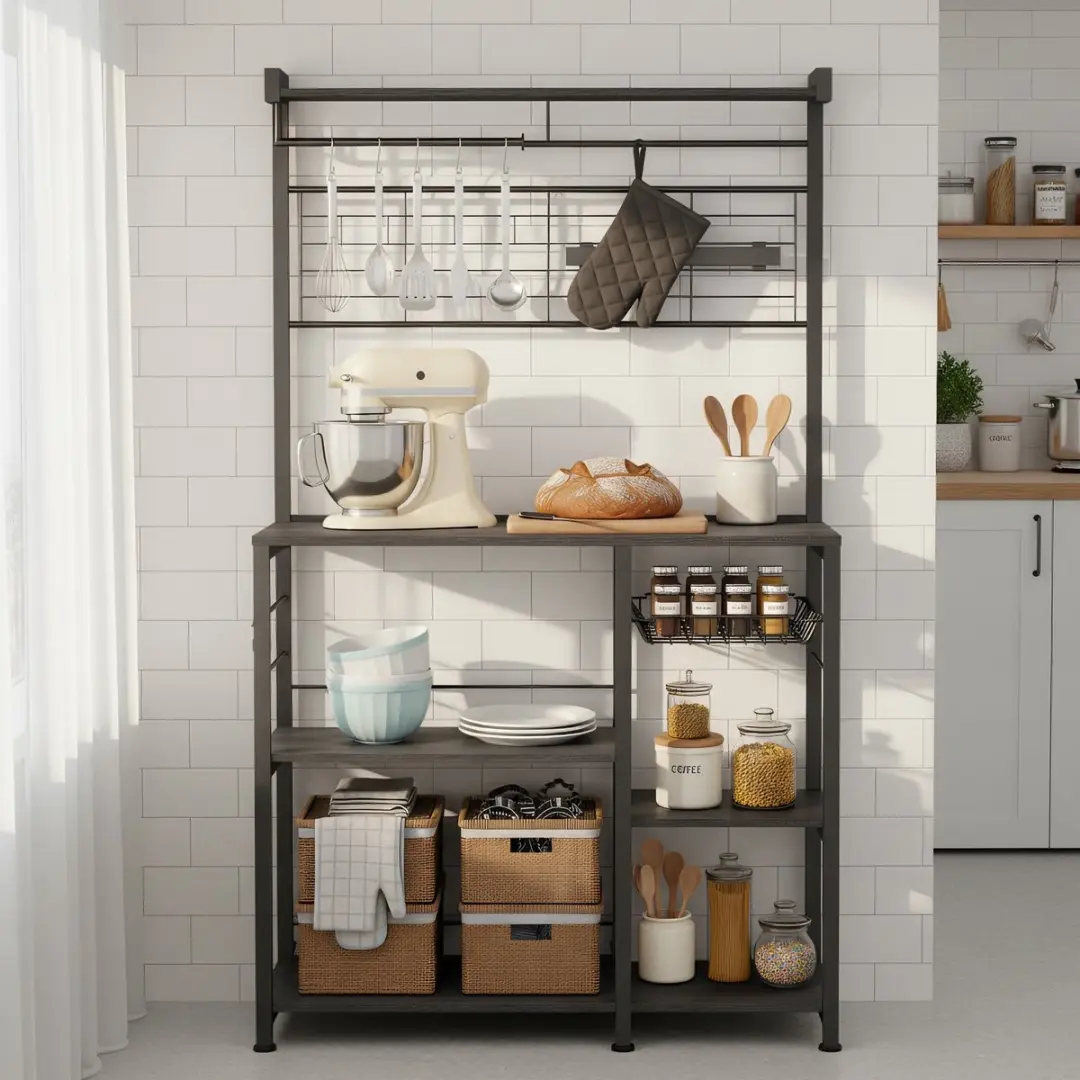 Songmics Keukenrek met haken en magneetstrip 42x90x167cm - Antracietgrijs-zwart