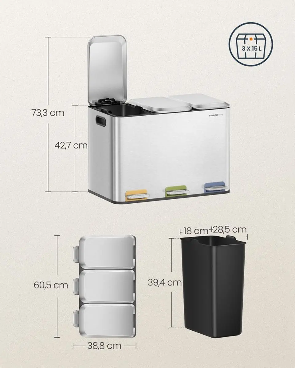 Songmics Keukenafvalbak 45L - 3 Vakken Metallic Zilver