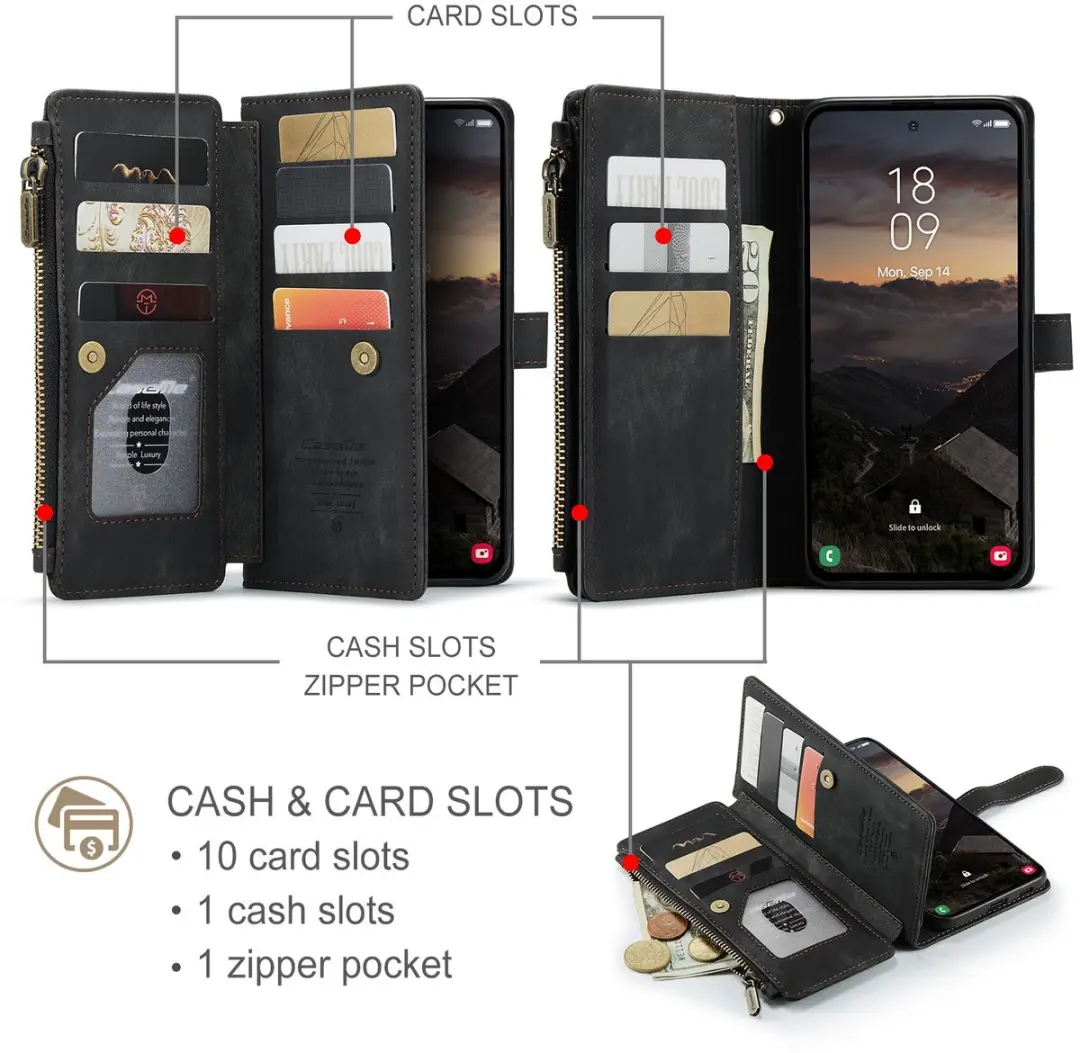 CaseMe C30 Book Case Hoesje Samsung Galaxy S26 - 10 Pasjes - Zwart - afbeelding 5 van 6