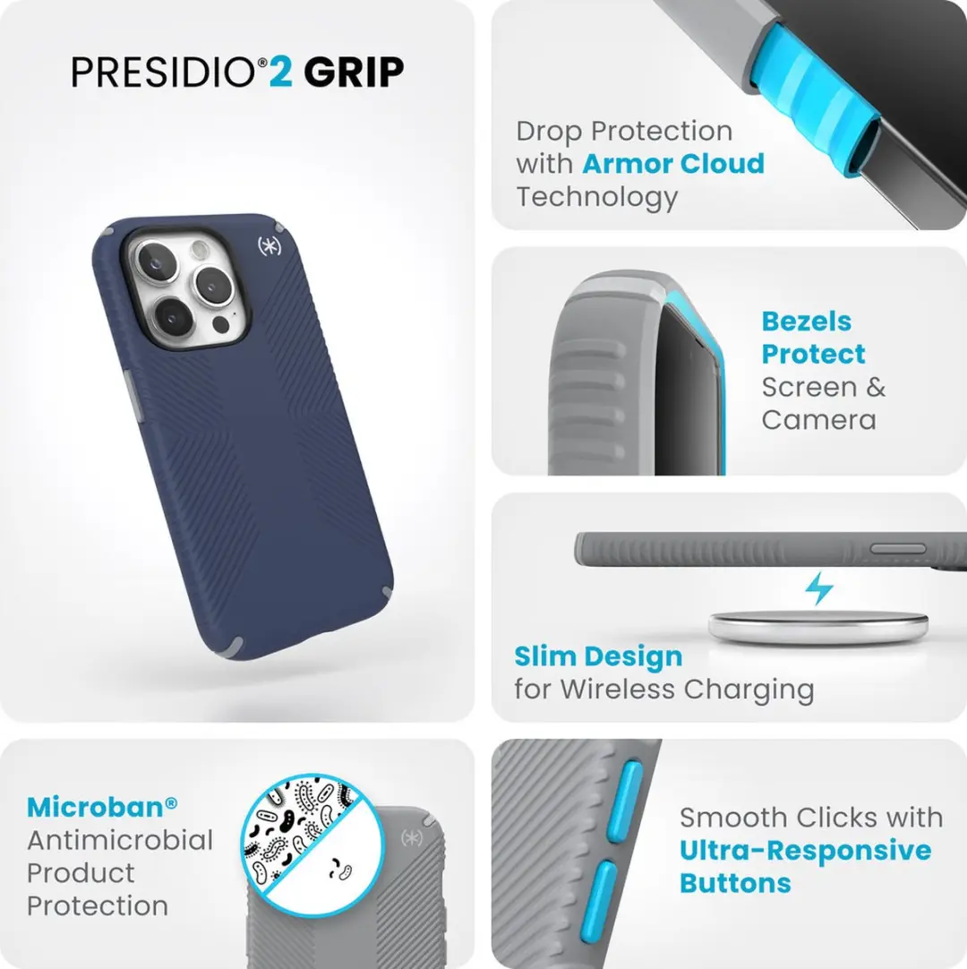 Speck Presidio2 Grip iPhone 15 Pro Hoesje - Blauw