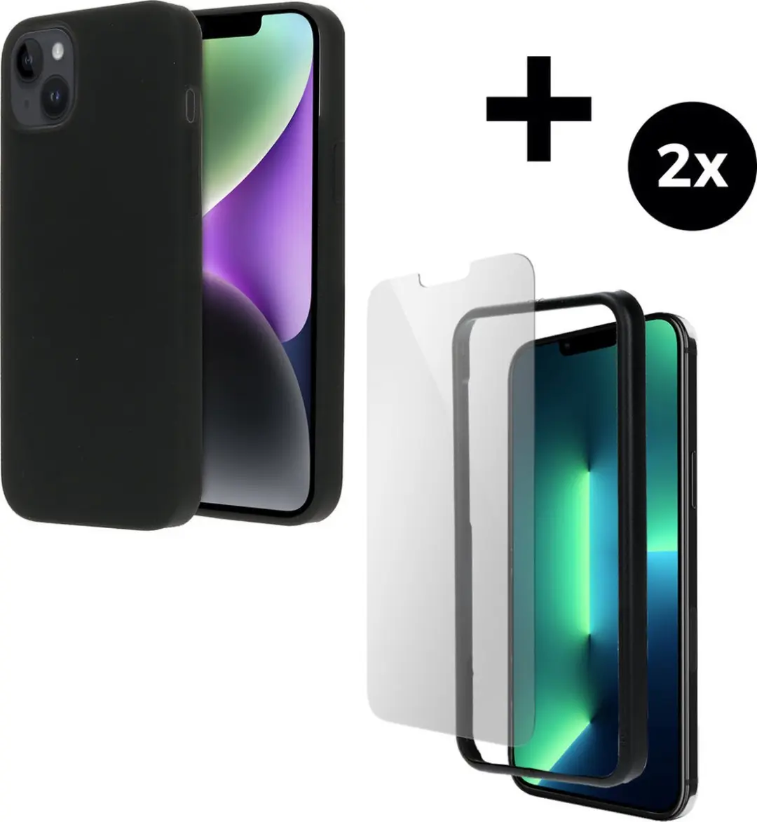 Mobiparts MP-5001148 Silicone Hoesje iPhone 14 Plus - MagSafe - 2x Glasbeschermers - Zwart