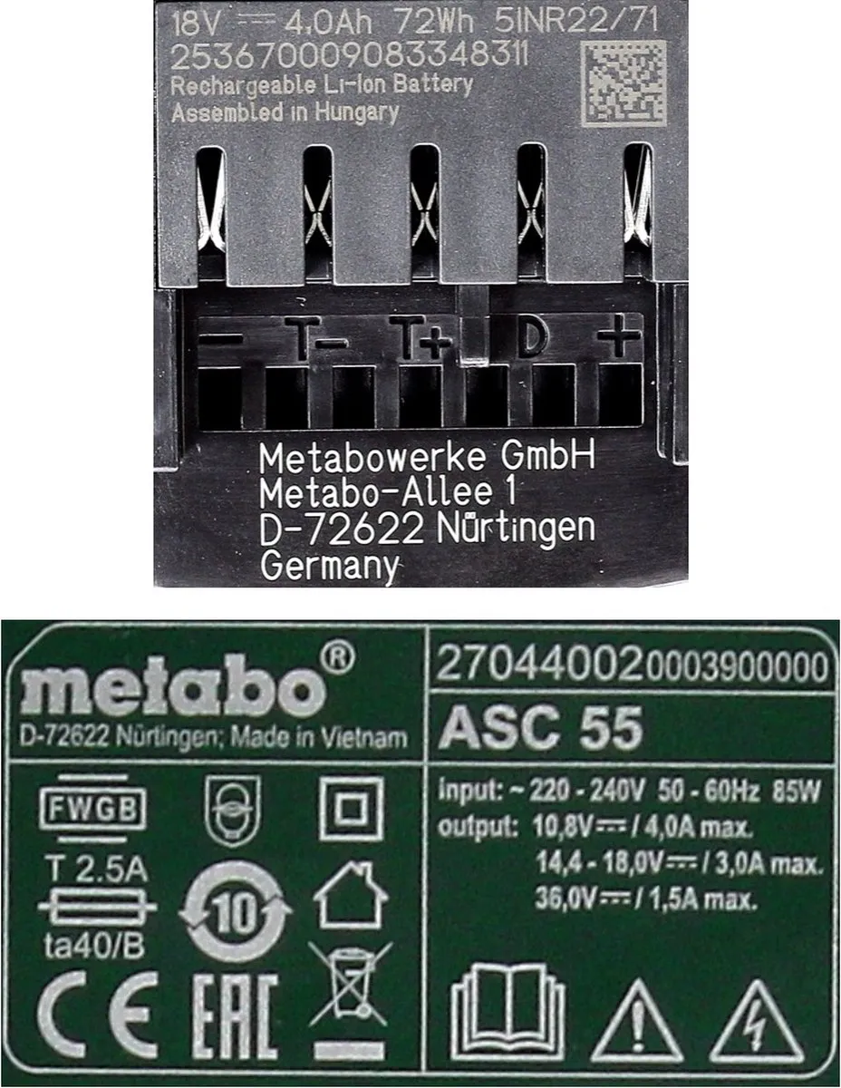 Metabo 18V LiHD Accu Basisset 2x 4,0Ah + Oplader ASC 55