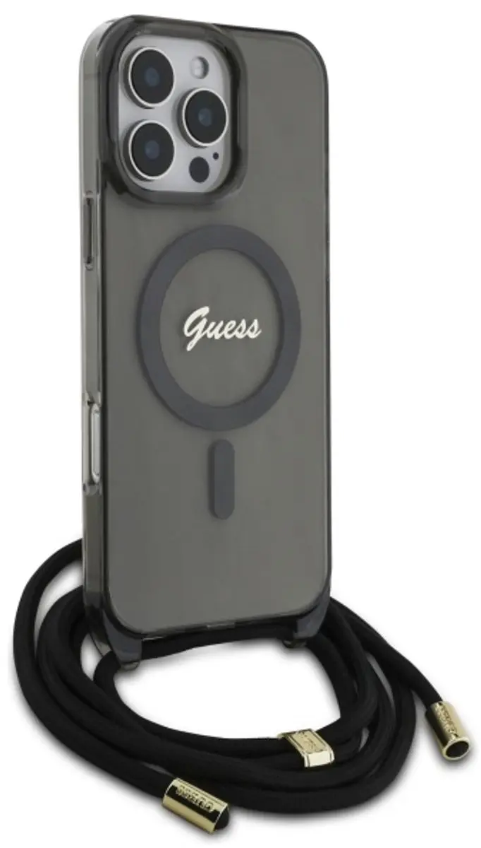 Guess Crossbody Cord Script iPhone 16 Pro Etui - MagSafe - Zwart