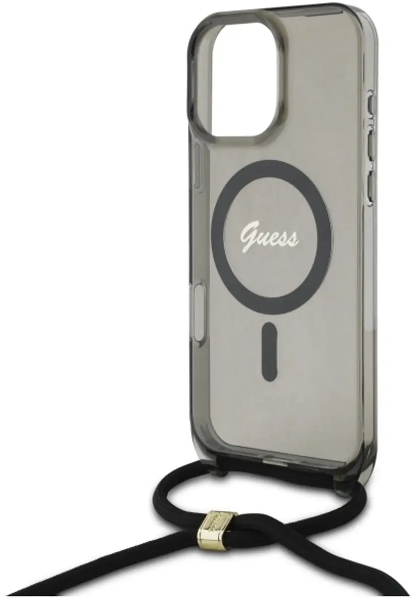 Guess Crossbody Cord Script iPhone 16 Pro Etui - MagSafe - Zwart