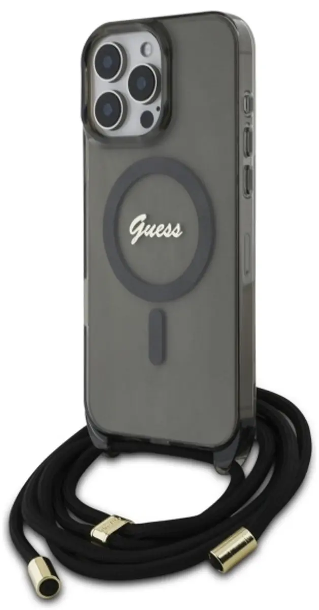Guess Crossbody Cord Script iPhone 16 Pro Etui - MagSafe - Zwart