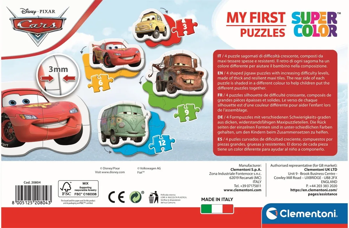 Clementoni Cars 4-in-1 Puzzel - 12 Stuks - Multicolor