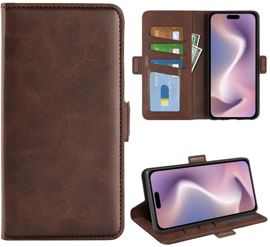 MobiQ PU Lederen Wallet Case iPhone 16 - donkerbruin - 46-00074