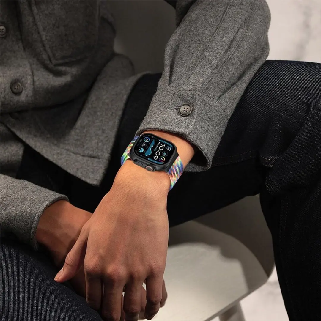 MobiQ Gevlochten Nylon Loop Bandje Apple Watch 49mm - Regenboog