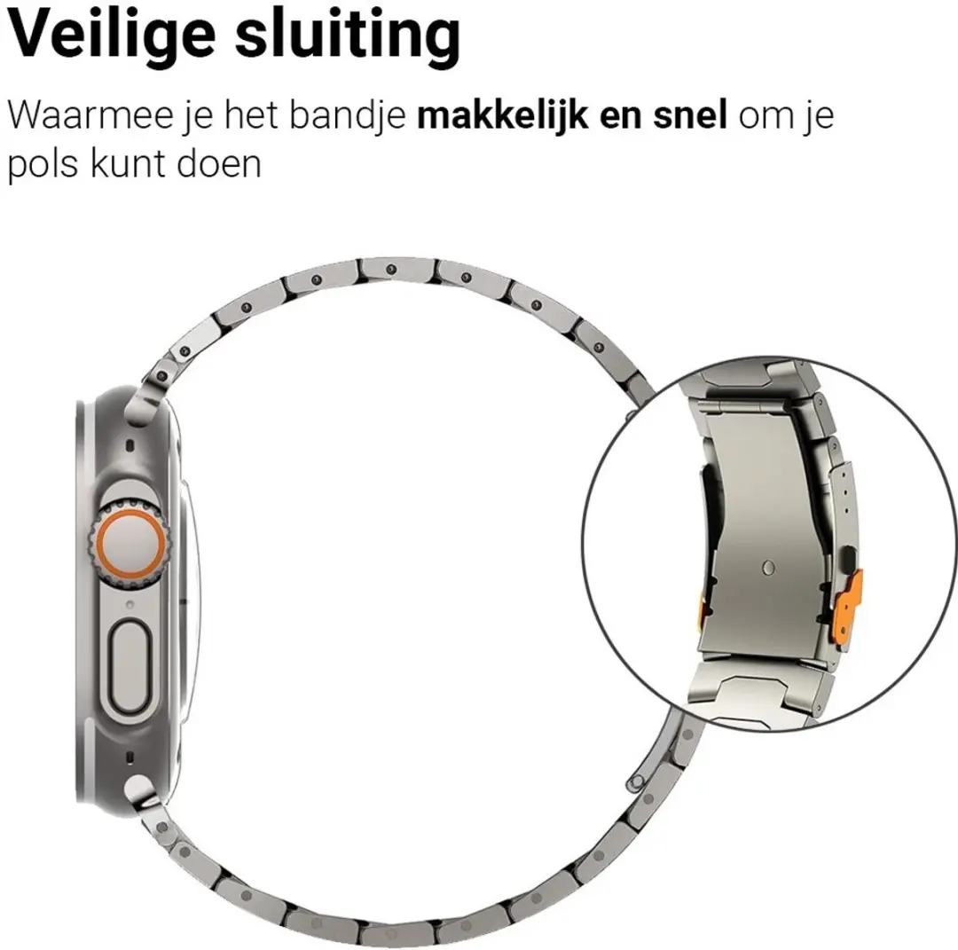 MobiQ Titanium Bandje Apple Watch 45mm - Zilver/Oranje