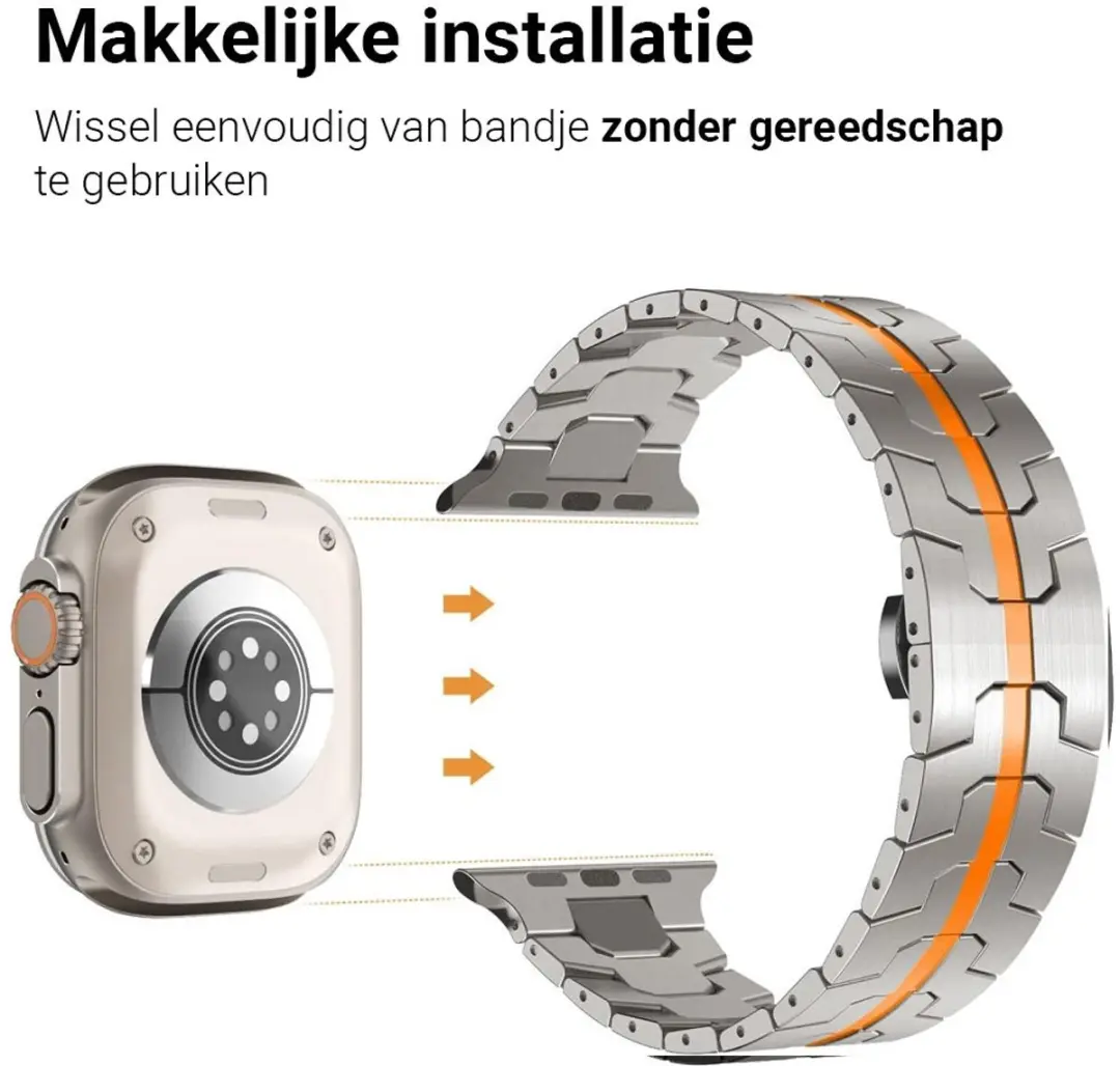 MobiQ Titanium Bandje Apple Watch 45mm - Zilver/Oranje