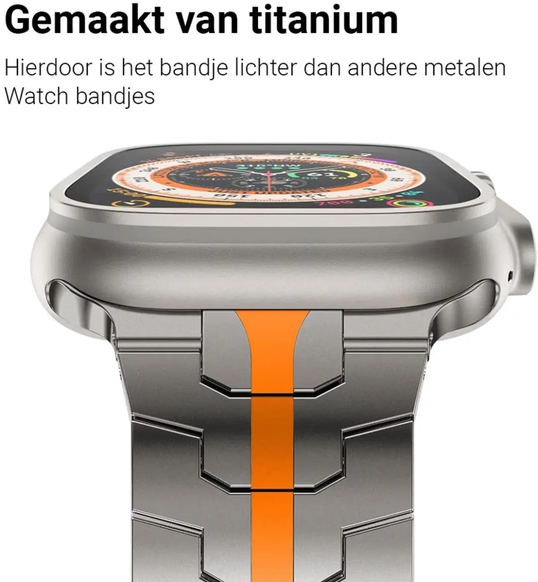 MobiQ Titanium Bandje Apple Watch 45mm - Zilver/Oranje