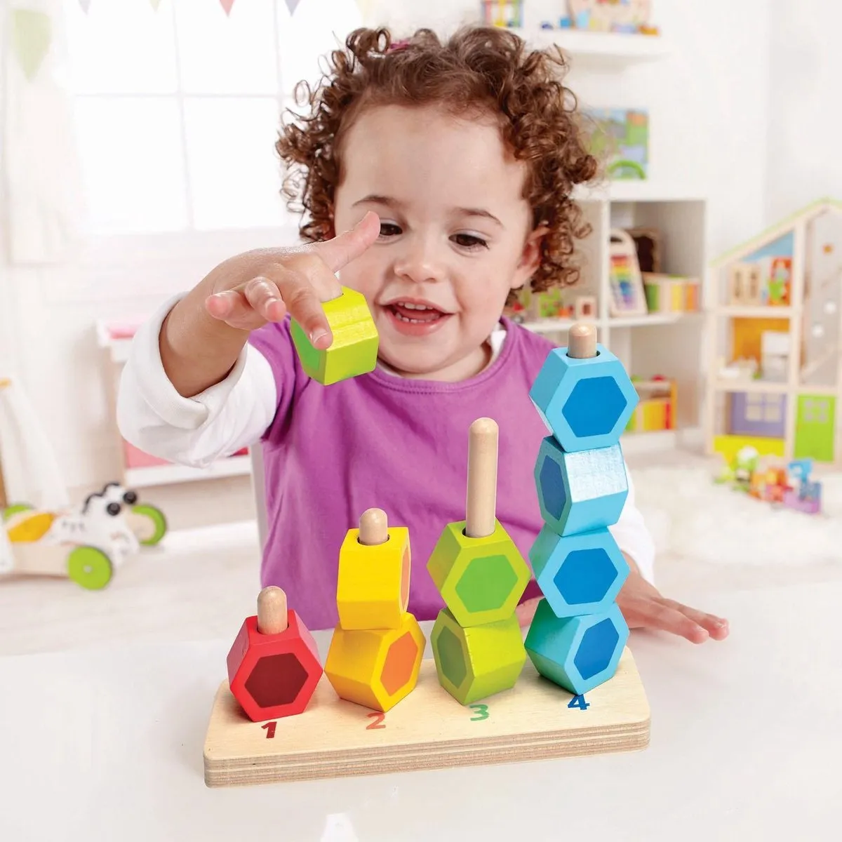 Hape Houten Tel en Stapel Spel 301061 - 10 Vormen - Multicolor - afbeelding 6 van 6