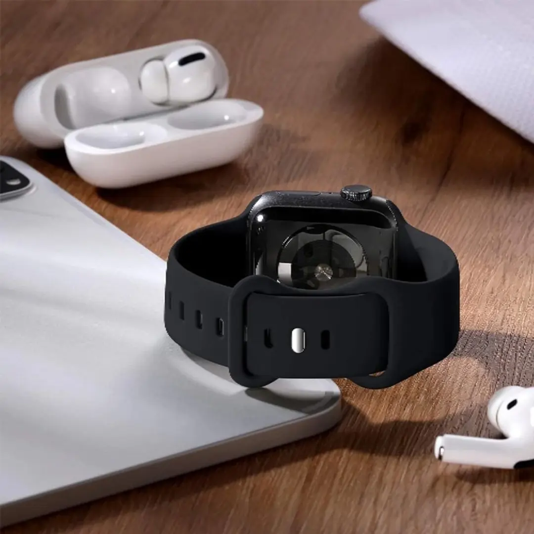 MobiQ Siliconen Bandje Apple Watch 44mm - Zwart